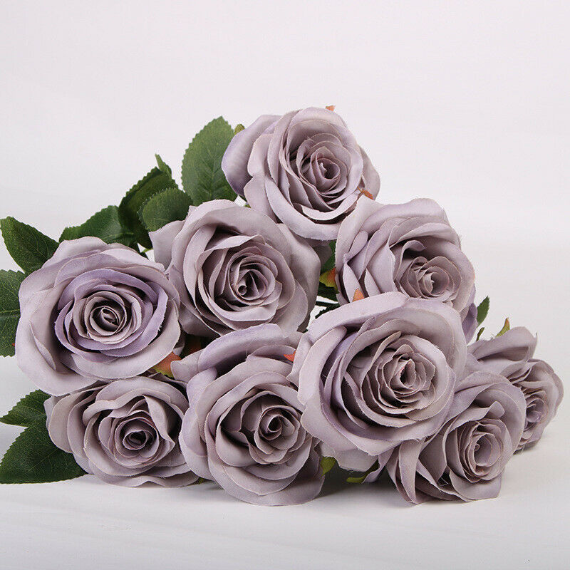 10 Heads Silk Rose Artificial Flowers Bouquet Bunch Wedding Garden Home Decor - Grey