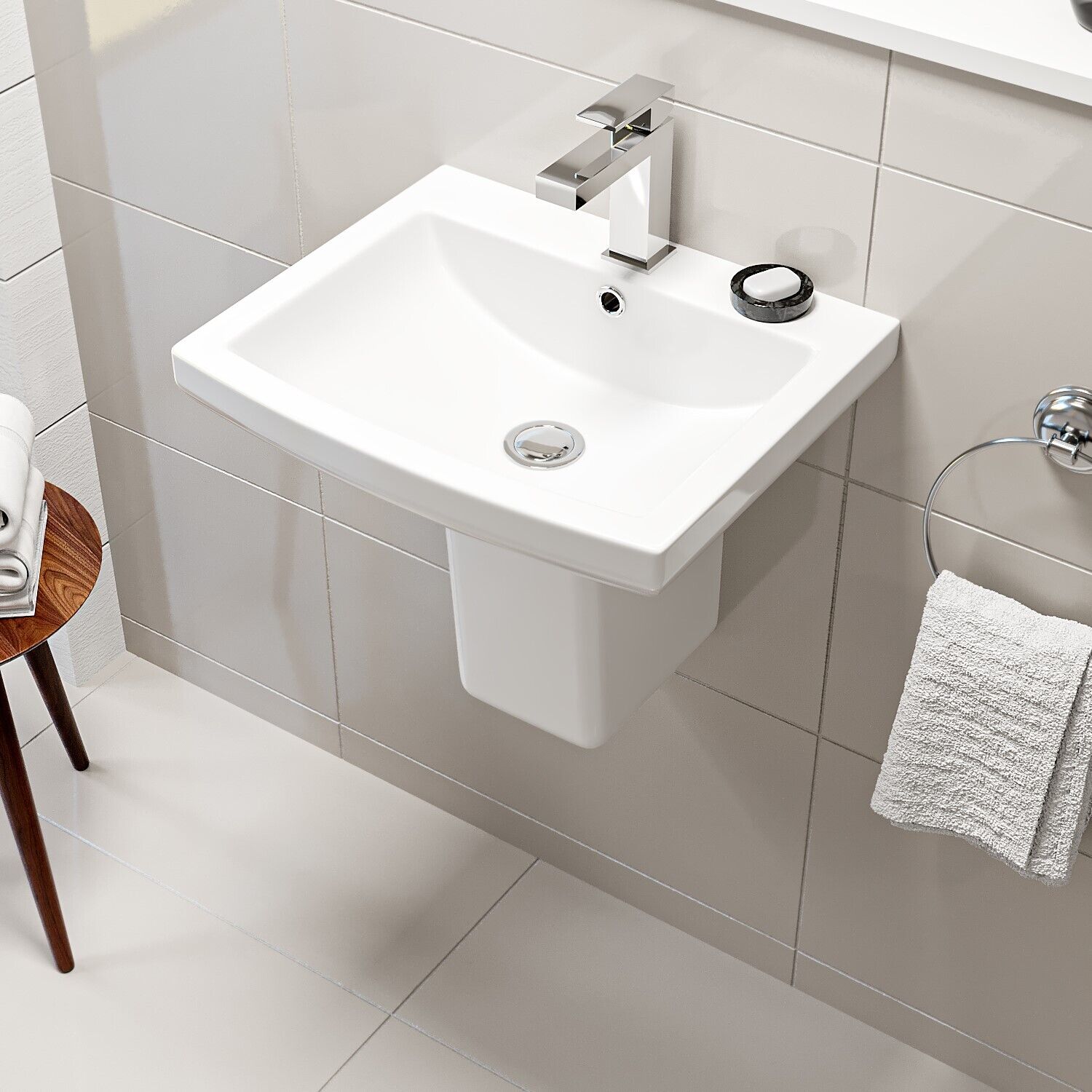 Wall Mounted Basin & Semi-Pedestal 460mm One Tap Hole Bathroom Sink Ceramic