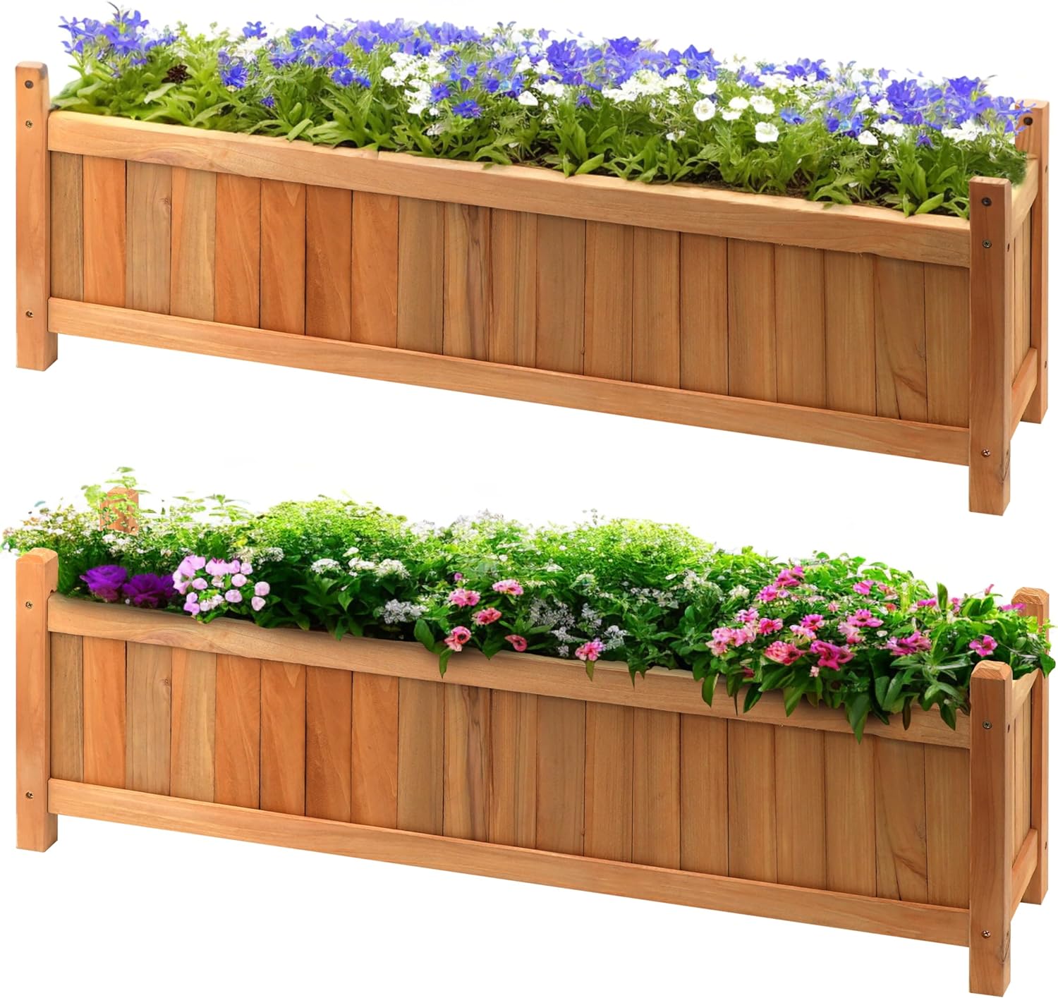 2 x Wooden Garden Planters Flower Plant Pot Window Box Planting Raise Bed Basket (2 x Large Rectangular Planters)