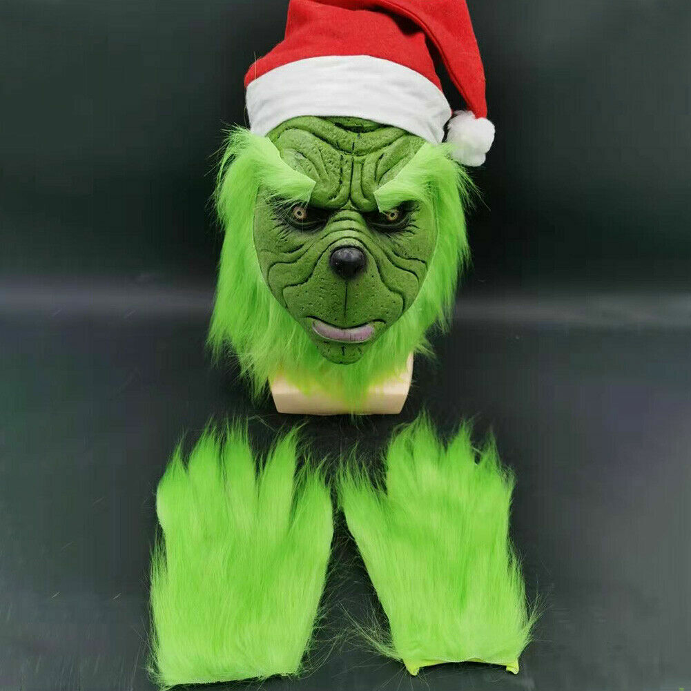 The Grinch Full Head Latex Mask & Gloves Xmas Hat Monster Adult Costume Cosplay