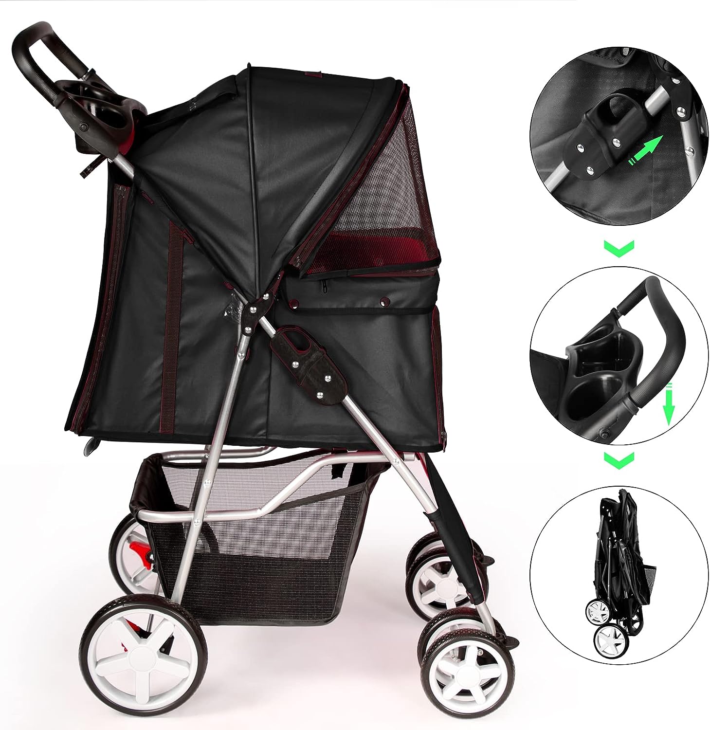 Pet Travel Stroller Dog Cat Pushchair Pram Jogger Buggy with 4 Wheels (Black)