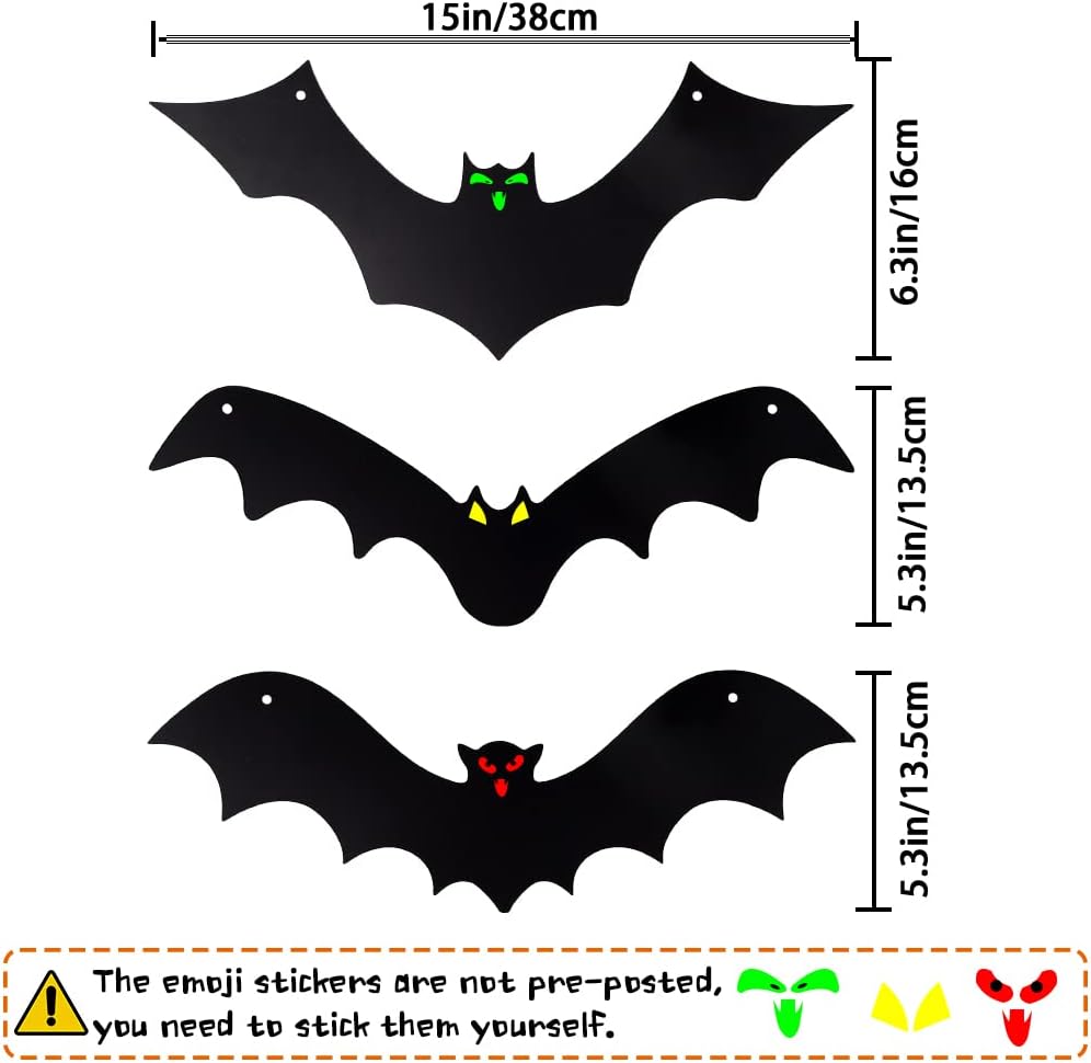 12PCS Halloween Hanging Bats, Halloween Flying Bat Hanging Decorations with Glowing Eyes for Halloween Decor Outdoor Yard Party