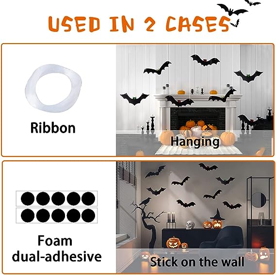 12PCS Halloween Hanging Bats, Halloween Flying Bat Hanging Decorations with Glowing Eyes for Halloween Decor Outdoor Yard Party