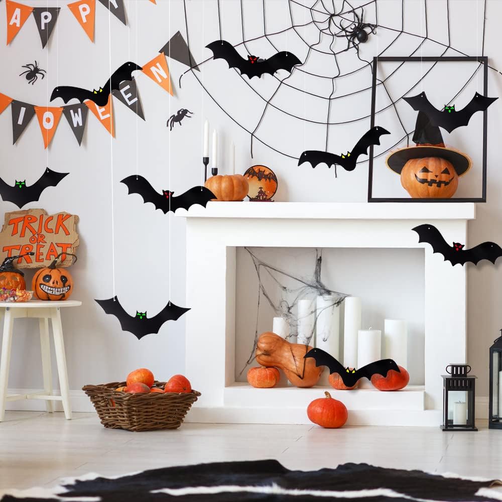 12PCS Halloween Hanging Bats, Halloween Flying Bat Hanging Decorations with Glowing Eyes for Halloween Decor Outdoor Yard Party