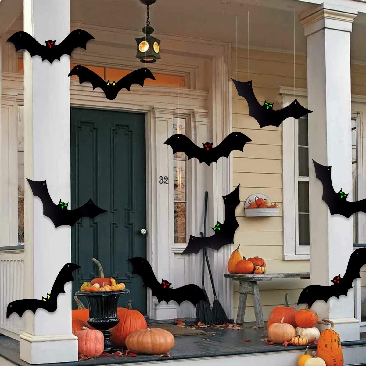 12PCS Halloween Hanging Bats, Halloween Flying Bat Hanging Decorations with Glowing Eyes for Halloween Decor Outdoor Yard Party