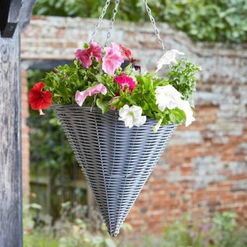 14'' Hanging Basket Rattan Grey Cone Outdoor Garden Planter Plants Flowers Slate