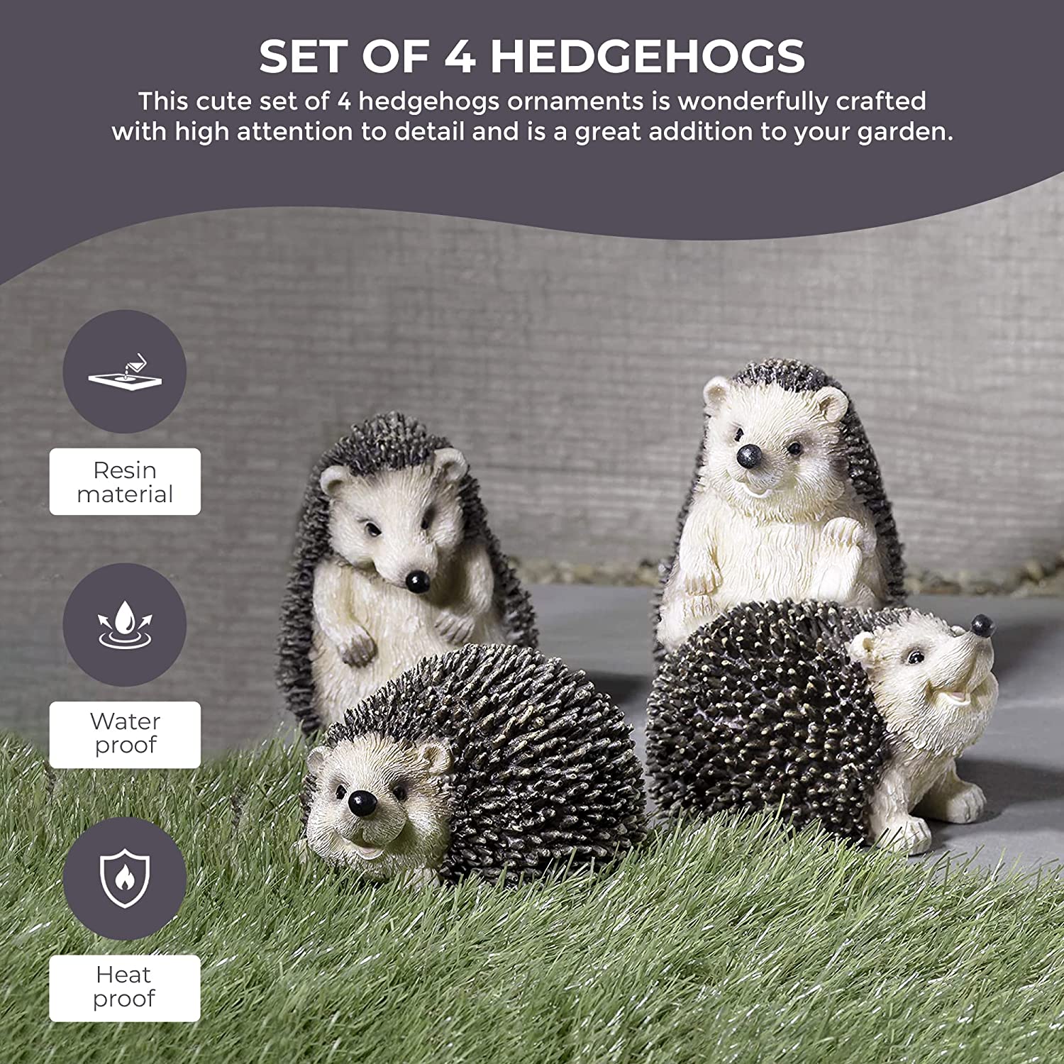 Set of 4 Hedgehog - Garden Animal Outdoor Ornaments Decor Statue - Made form PolyResin