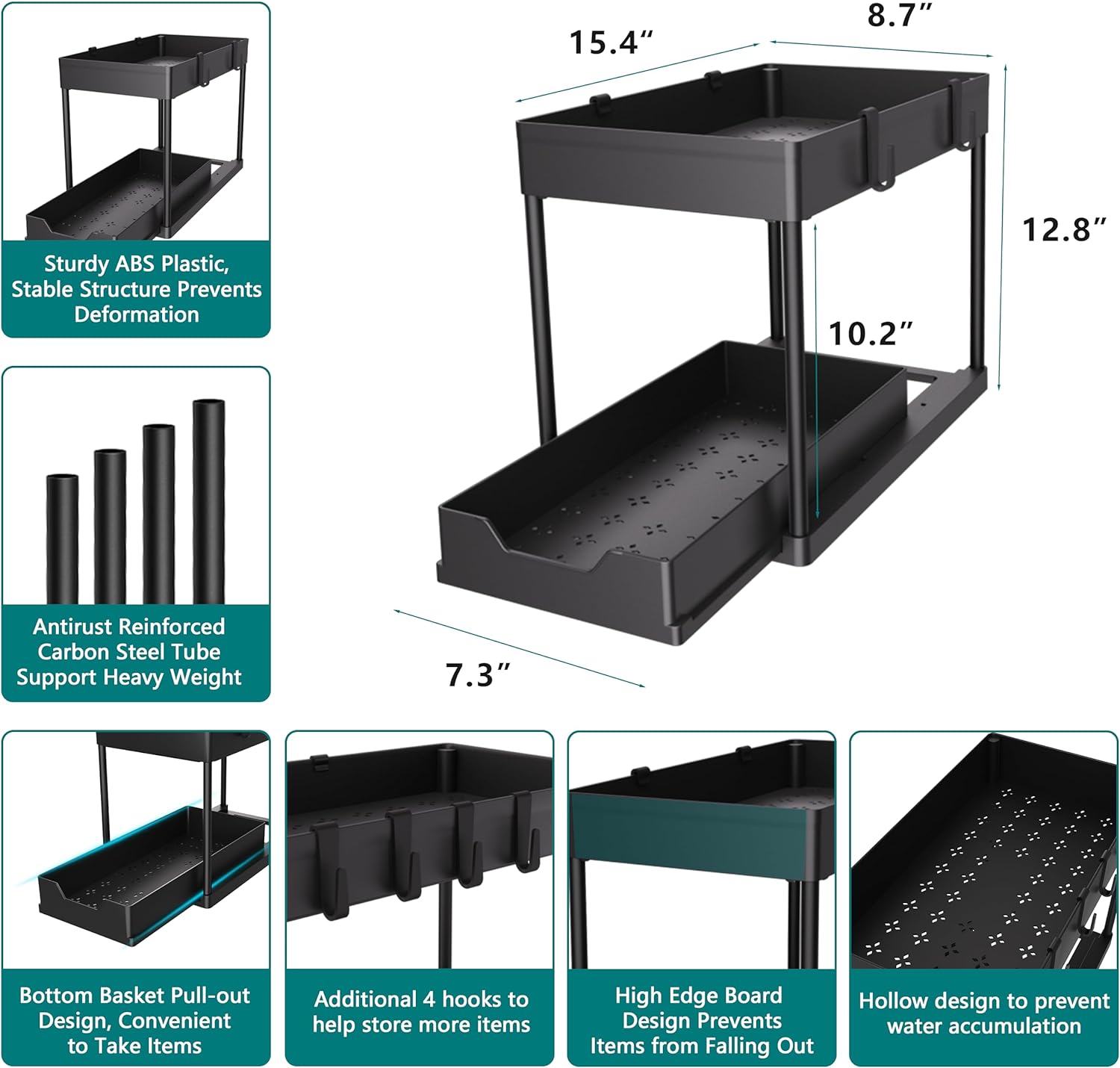 Under Sink Organizer 2 Pack, Bathroom Cabinet Organizer, 2 Tier Sliding Cabinet Basket Organizer Drawer, Multi-Purpose Bath Collection Baskets for Bathroom (Black)