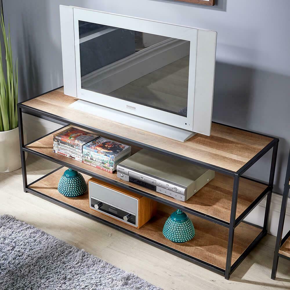 TV Media Unit Open Storage Shelves Industrial Living Room Furniture Oak Finish