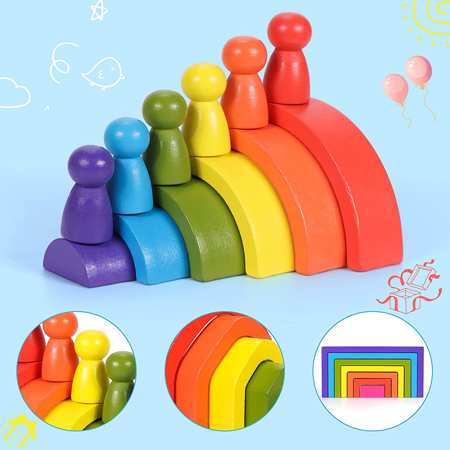 24 PCS Rainbow Wooden Toys Rainbow Stacker Nesting Puzzle Blocks Wooden