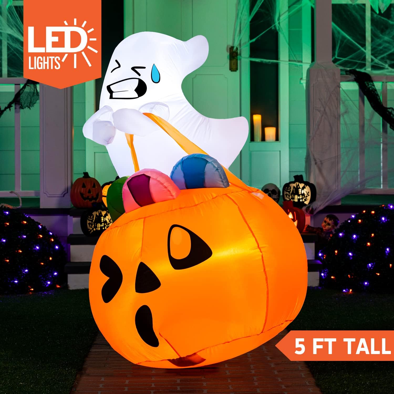 5 FT Tall Halloween Inflatable Cute Ghost Inflatable Lift Pumpkin Candy Bag with Build-in LEDs Blow Up Inflatables for Halloween Party Indoor, Outdoor, Yard, Garden, Lawn Decorations