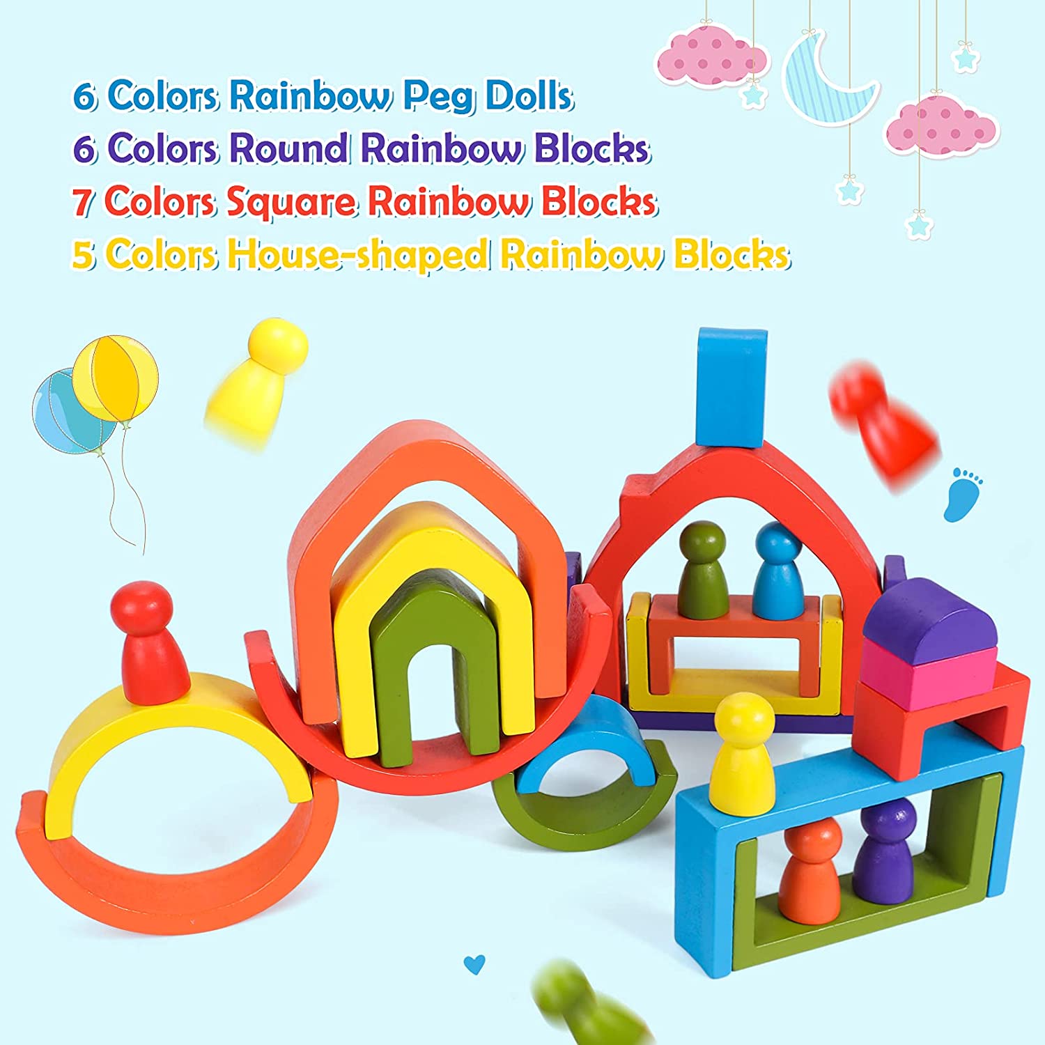 24 PCS Rainbow Wooden Toys Rainbow Stacker Nesting Puzzle Blocks Wooden