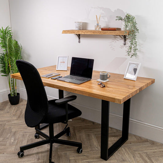 Solid Oak Industrial Wood Desk | Wooden Home Computer Office Gaming Workstation