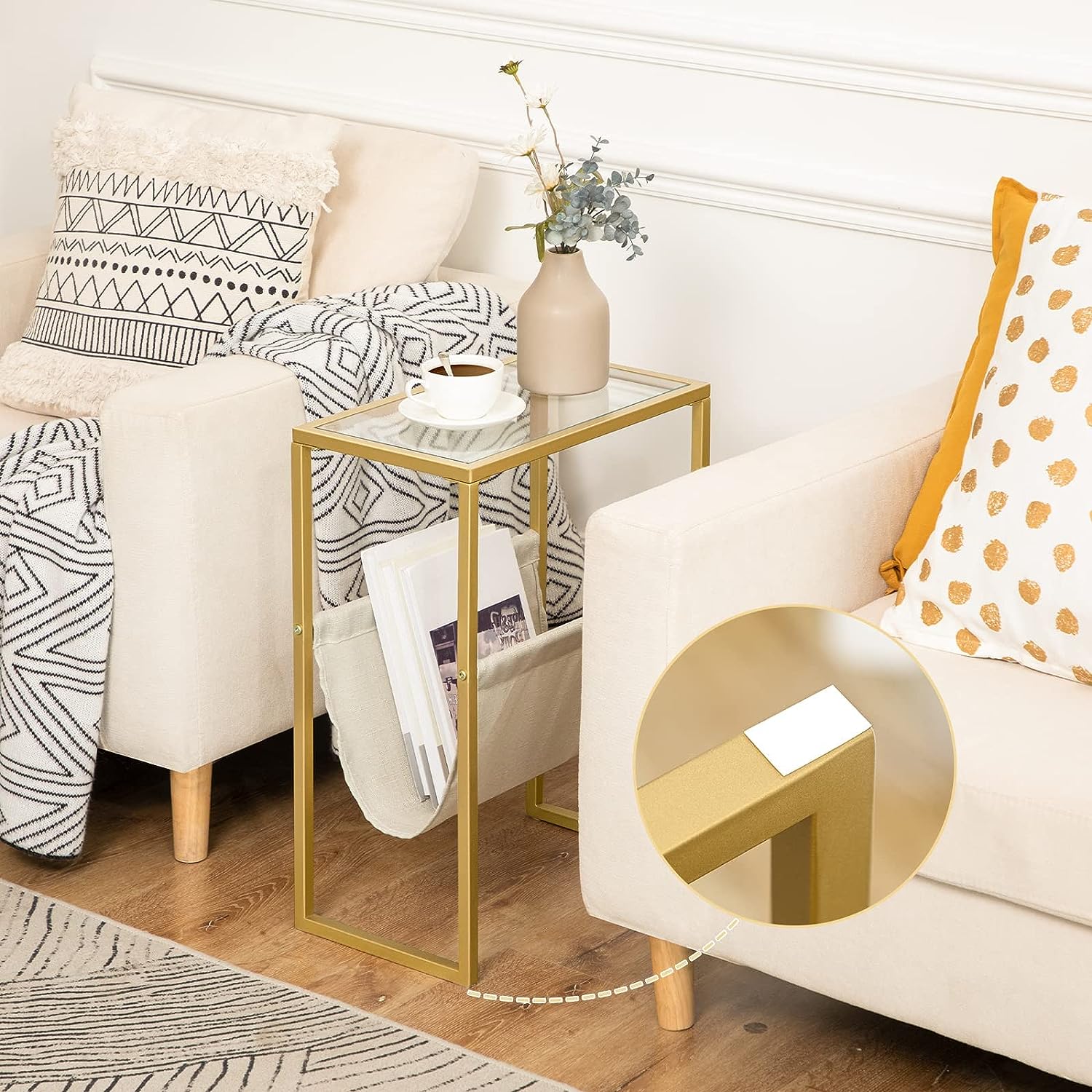 Side Table, Slim Gold Side Table, Small Coffee Snack Table, Sofa End Table with Fabric Magazine Holder, Bedside Table for Small Spaces, Bedroom, Living Room, Gold