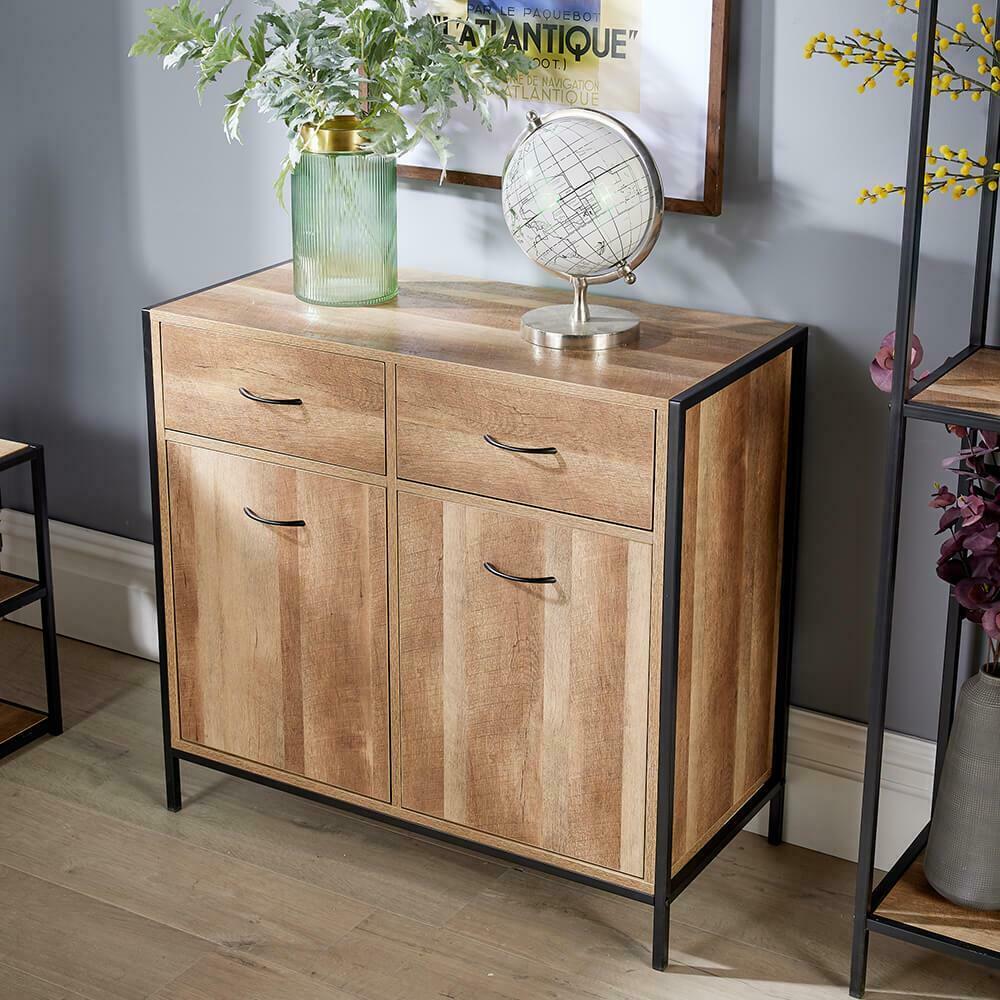 Sideboard Chest Cupboard Industrial Metal Living Room Furniture Oak Finish Unit