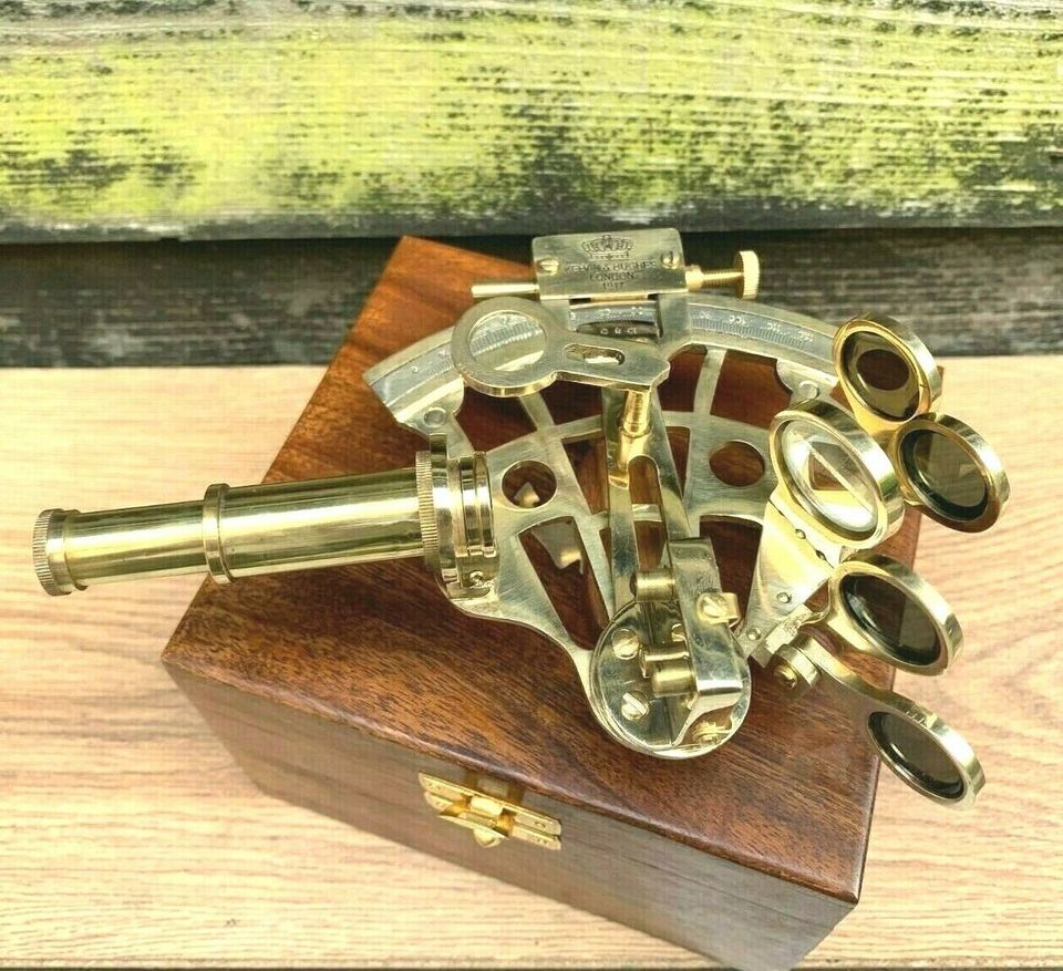 Antique Brass Pocket Sextant Navigation Nautical Marine Vintage Wooden Box