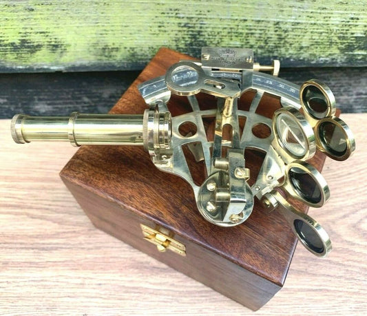 Antique Brass Pocket Sextant Navigation Nautical Marine Vintage Wooden Box