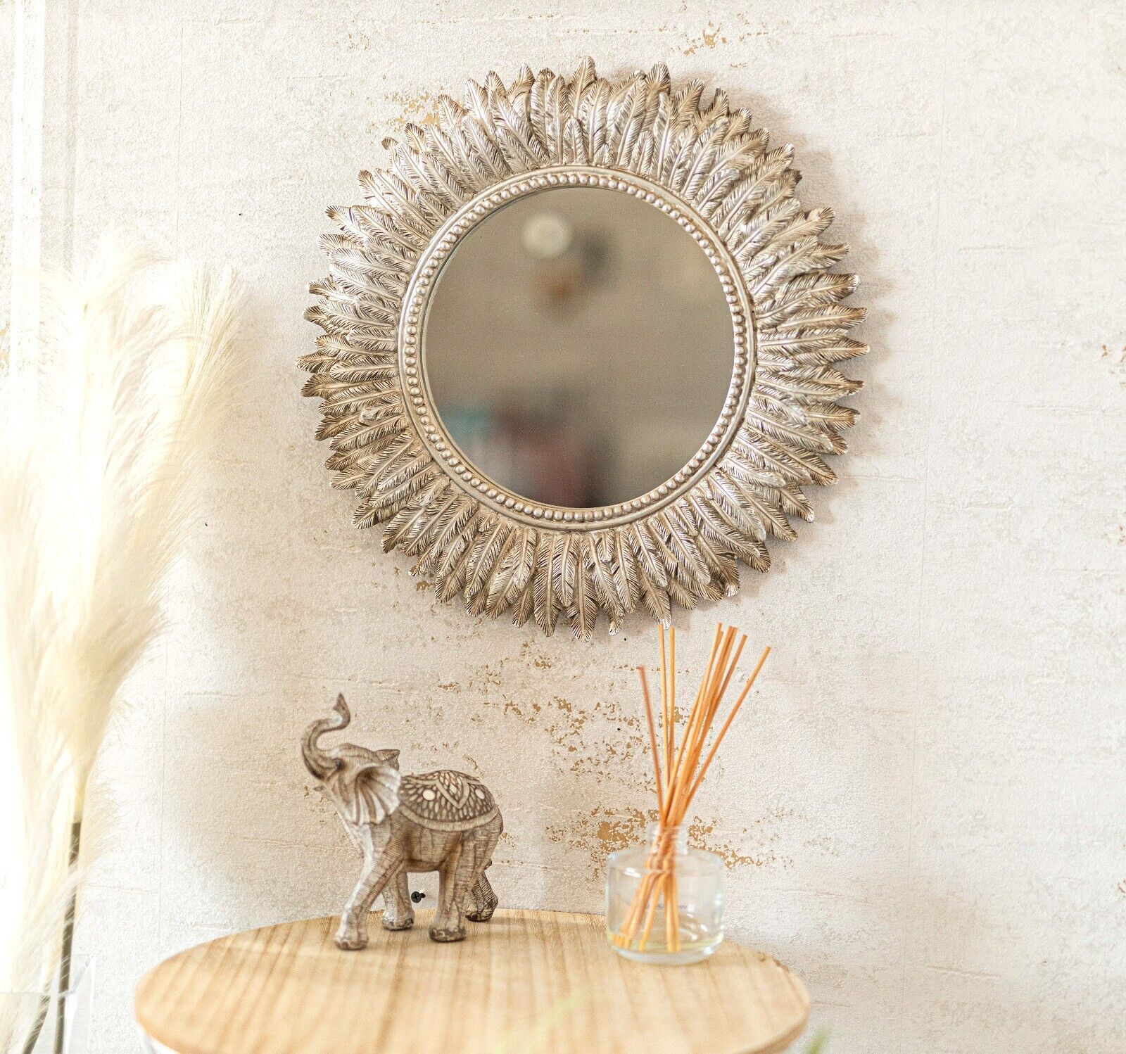 Round Hanging Wall Mirror Distressed Silver Home Decor Feathered Round Large