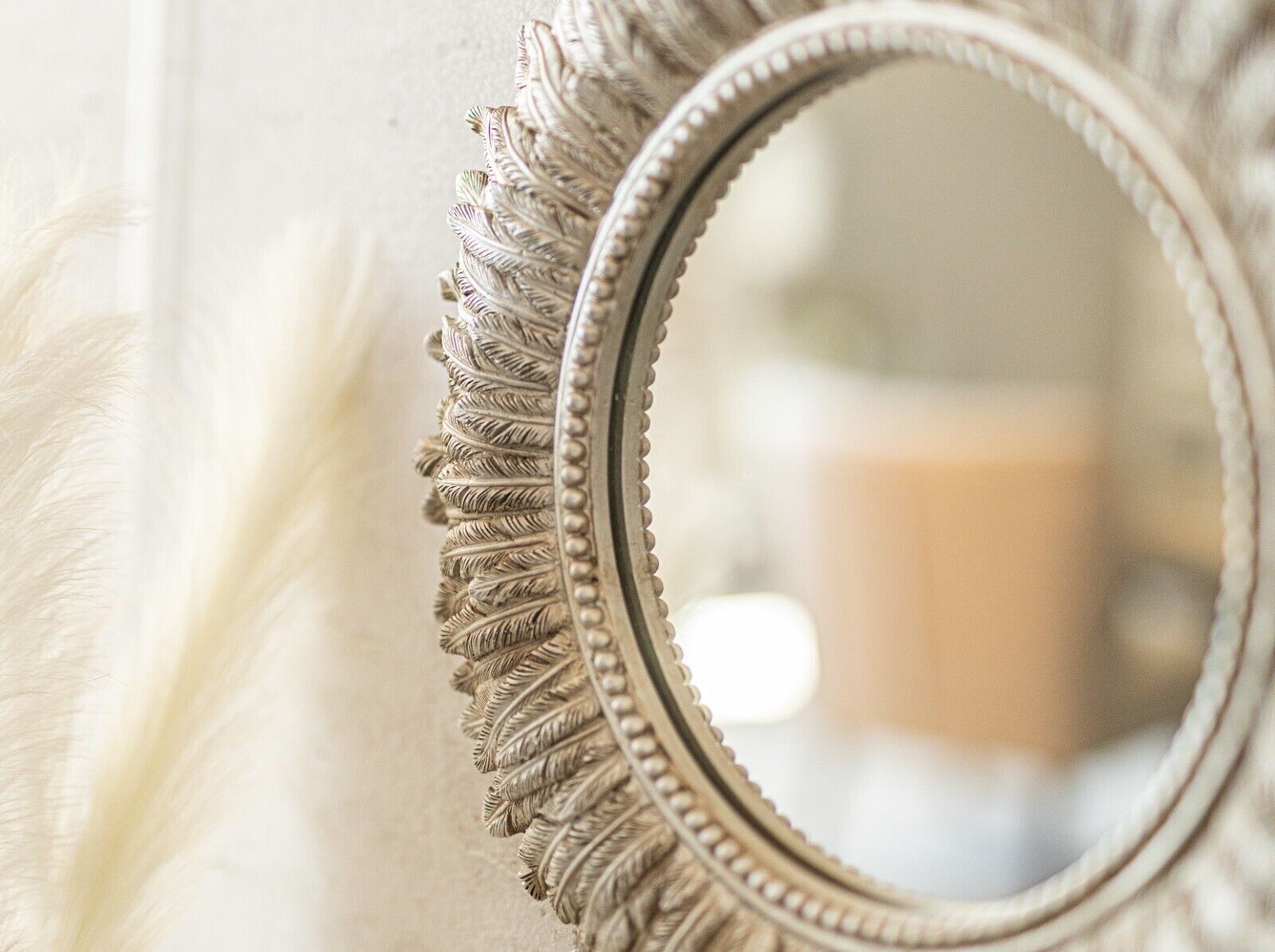 Round Hanging Wall Mirror Distressed Silver Home Decor Feathered Round Large