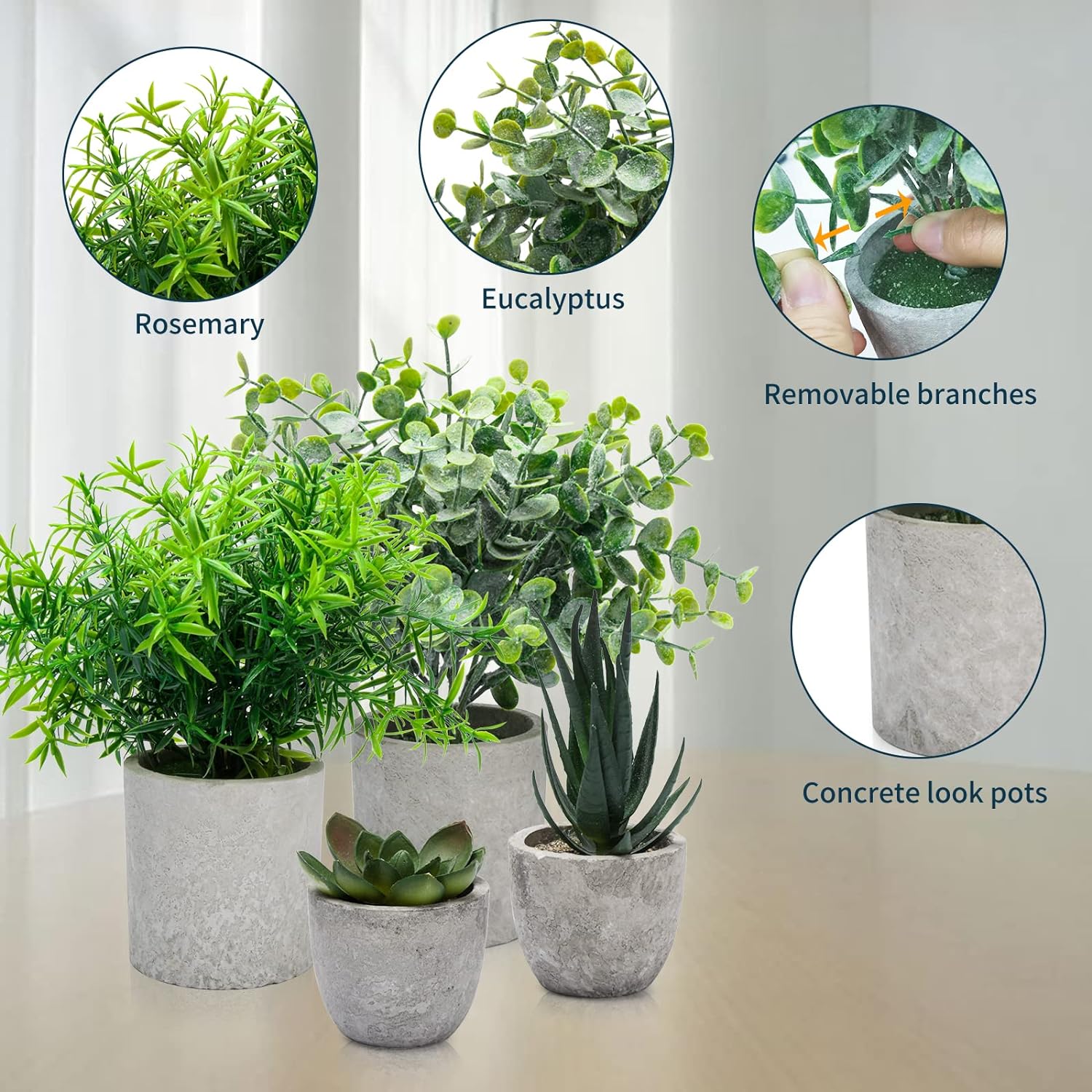 4 Set Artificial Plants Indoors in Pots Plastic Potted, Eucalyptus, Rosemary, Small Fake Succulents Faux Plants for Office Desk Bedroom Kitchen House Decoration