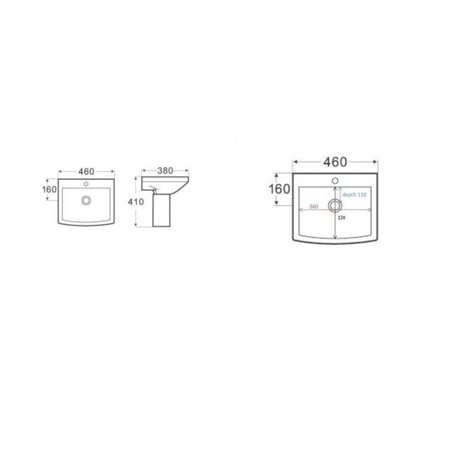 Wall Mounted Basin & Semi-Pedestal 460mm One Tap Hole Bathroom Sink Ceramic