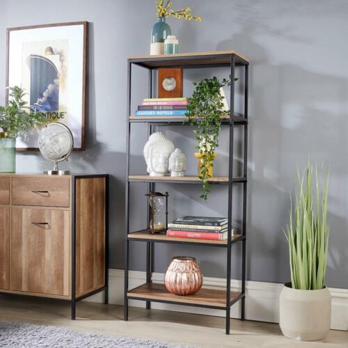 Tall Open Bookcase 5 Tier Shelving Display Unit Modern Oak Finish Black Frame