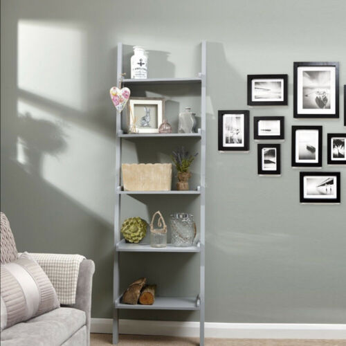 Grey Ladder Shelving Unit 5 Tier Display Stand Book Shelf Wall Rack Storage