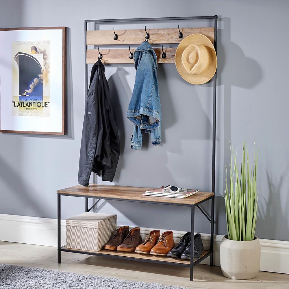 Coat Rack Hallway Storage Bench Open Storage Industrial Furniture Oak Finish