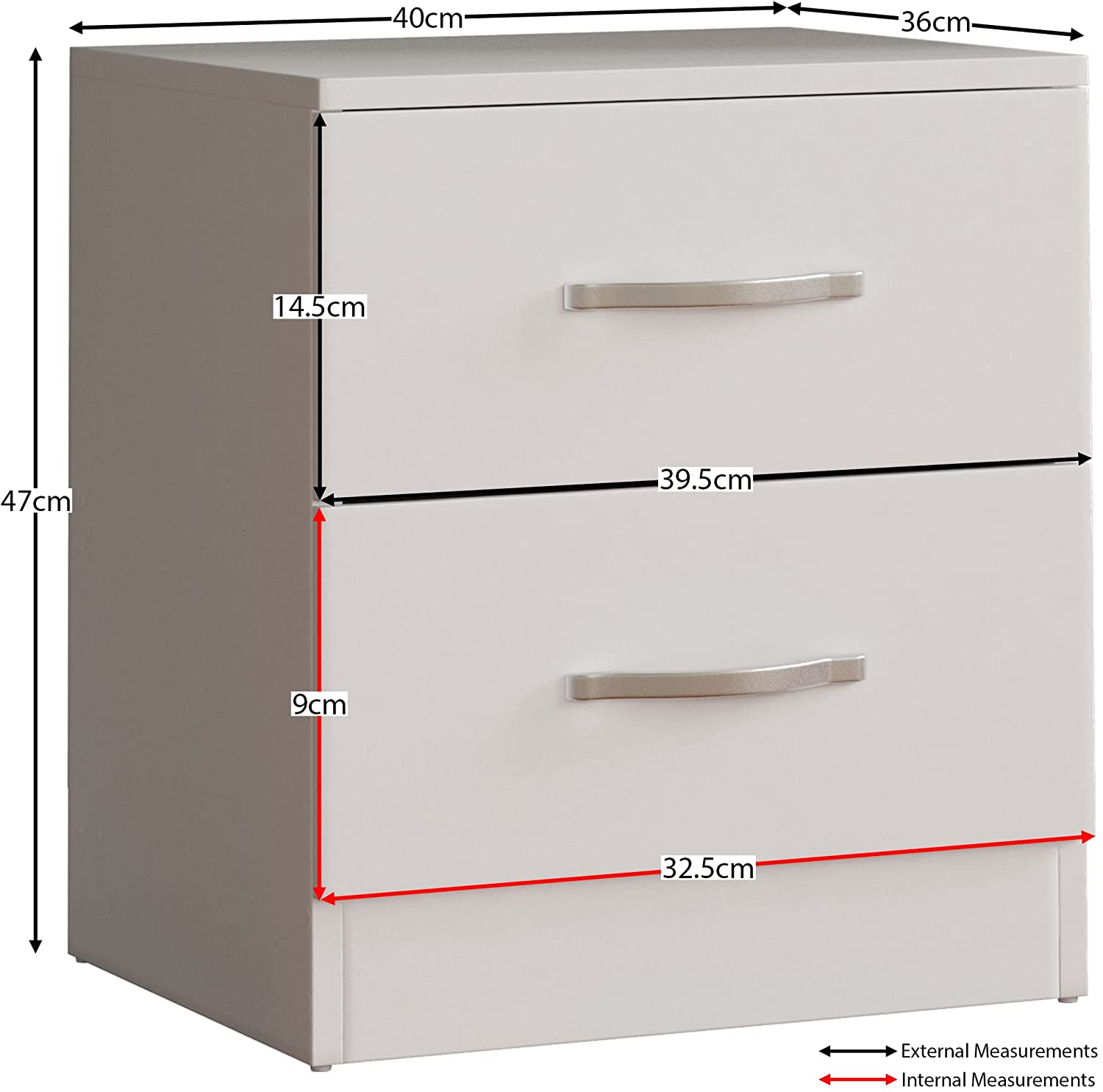 White Bedside Drawer, Bedside Cabinet, 2 Drawer, Bedside Table, Metal Handles & Runners