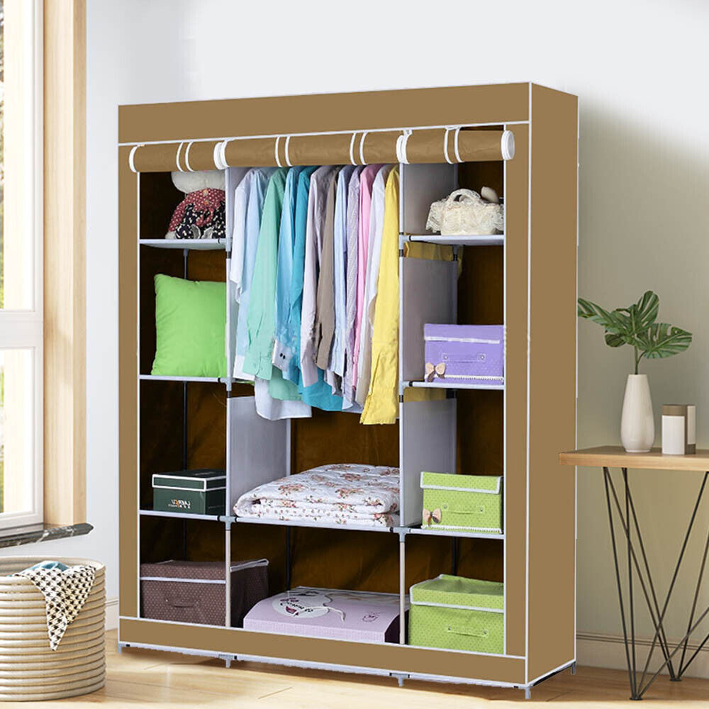 PRACTICAL FABRIC CANVAS WARDROBE HANGING RAIL SHELVING CLOTHES STORAGE CUPBOARD