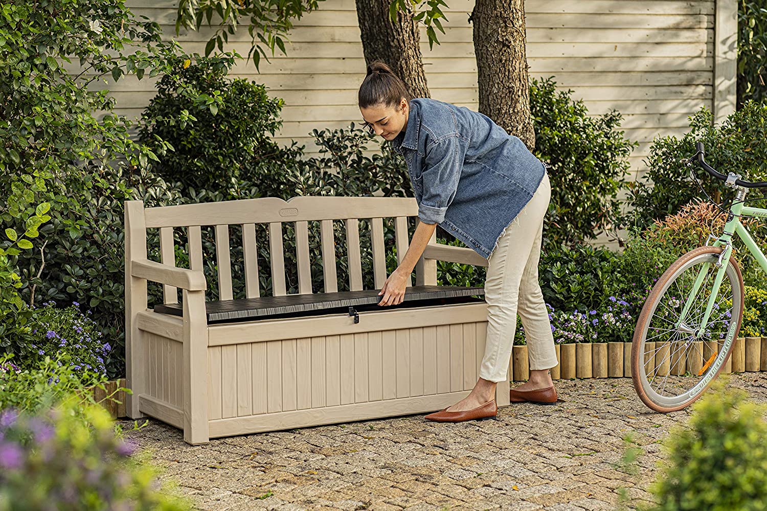 Bench 265L Outdoor Garden Storage Box Garden Furniture - Beige and Brown