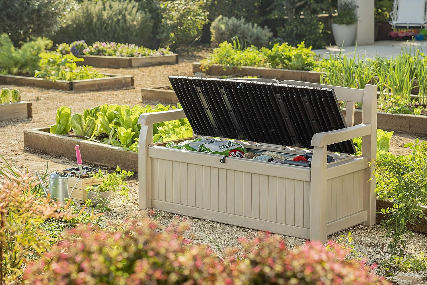 Bench 265L Outdoor Garden Storage Box Garden Furniture - Beige and Brown