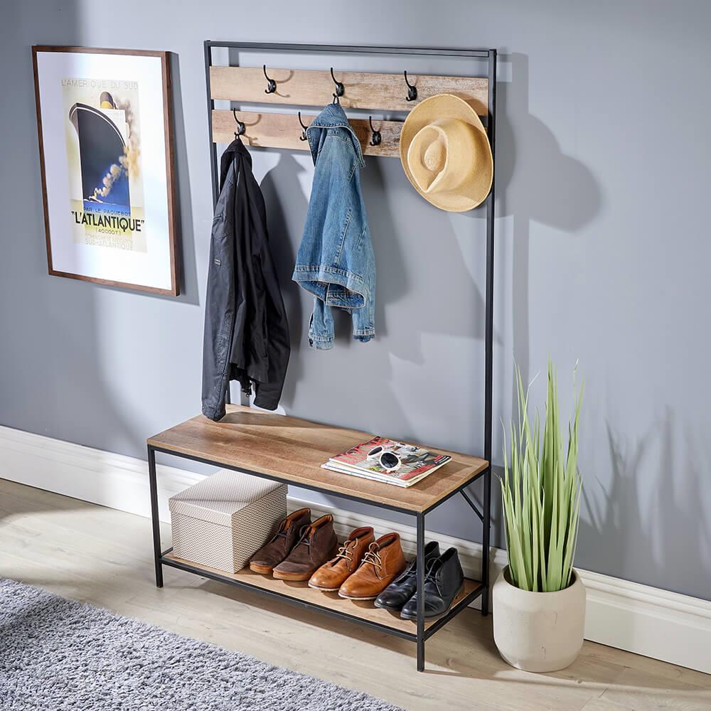 Coat Rack Hallway Storage Bench Open Storage Industrial Furniture Oak Finish