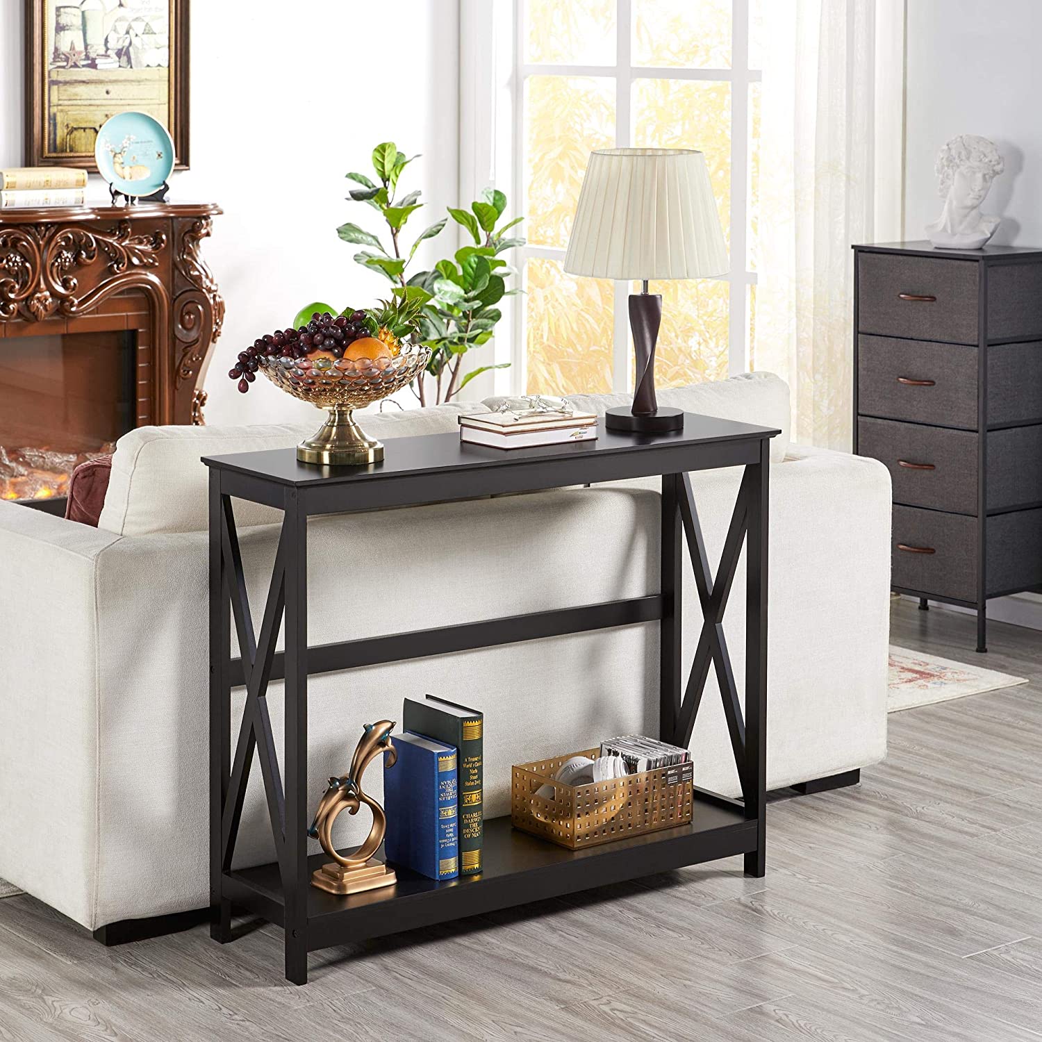 2 Tier X-Design Side Table Bookshelf Entryway Accent Table