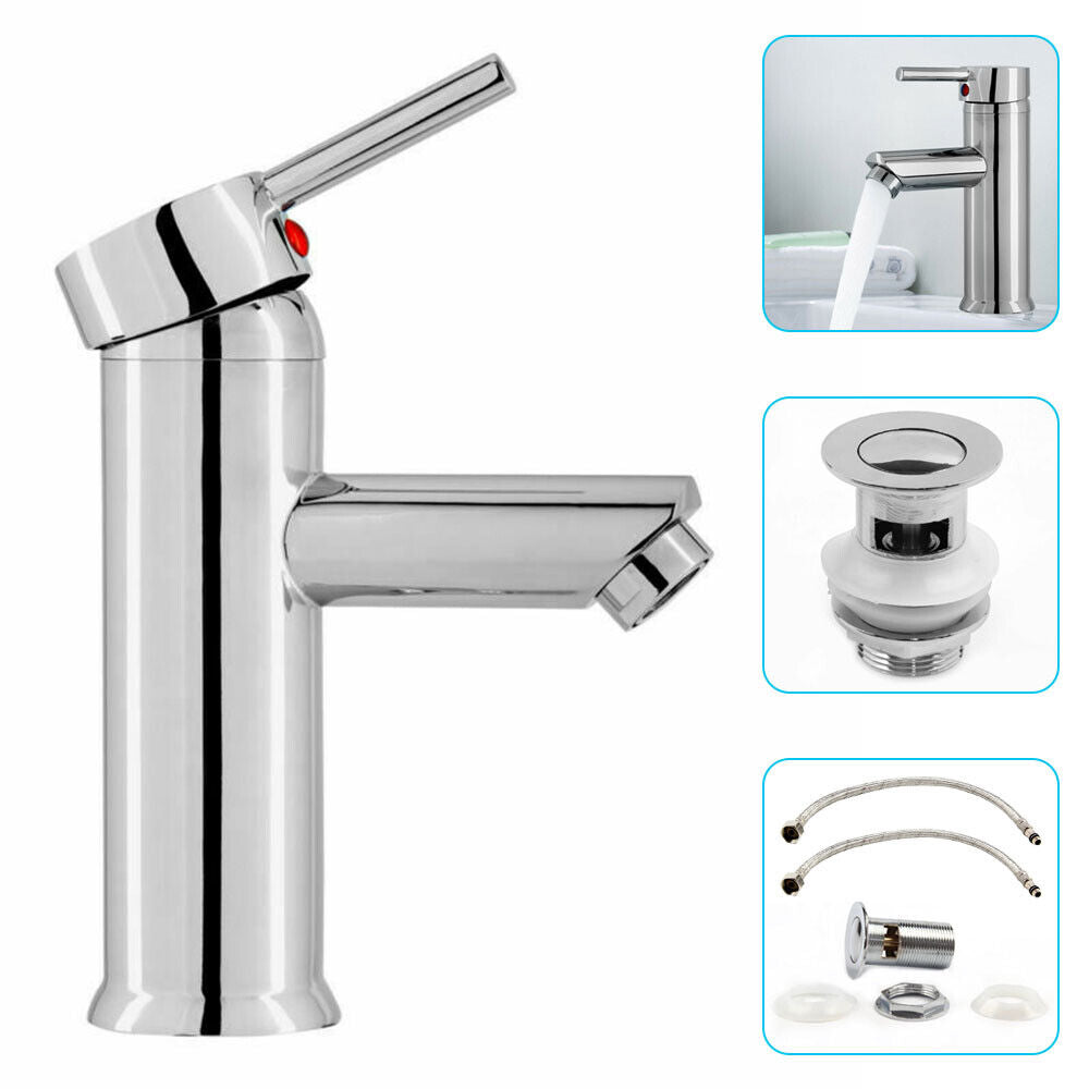 Bathroom Single Lever Basin Mono Mixer Tap With Waste Unit Chrome Brass UK