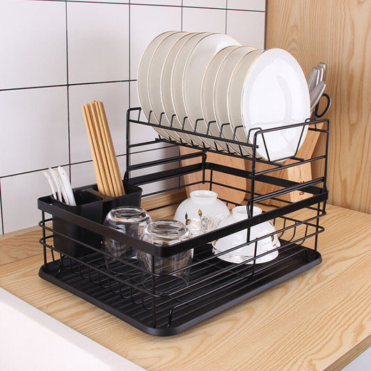 2 Tier Dish Drainer Rack with Drip Tray Cutlery Holder Plate Rack Kitchen Sink