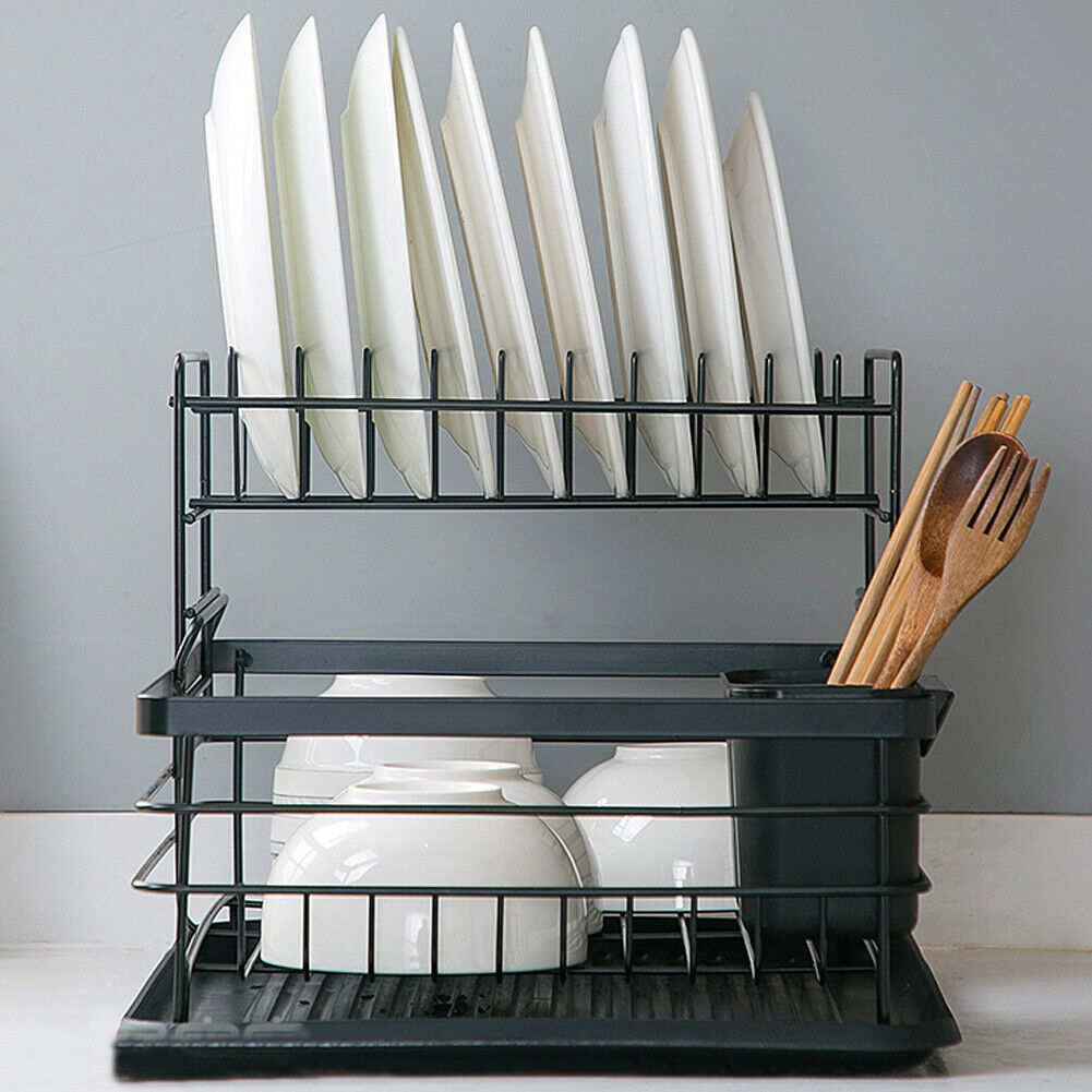 2 Tier Dish Drainer Rack with Drip Tray Cutlery Holder Plate Rack Kitchen Sink