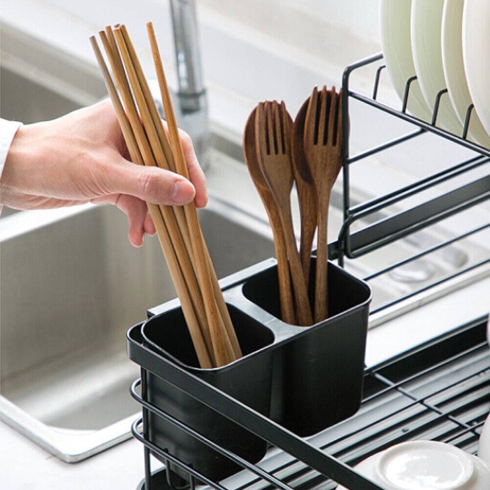 2 Tier Dish Drainer Rack with Drip Tray Cutlery Holder Plate Rack Kitchen Sink