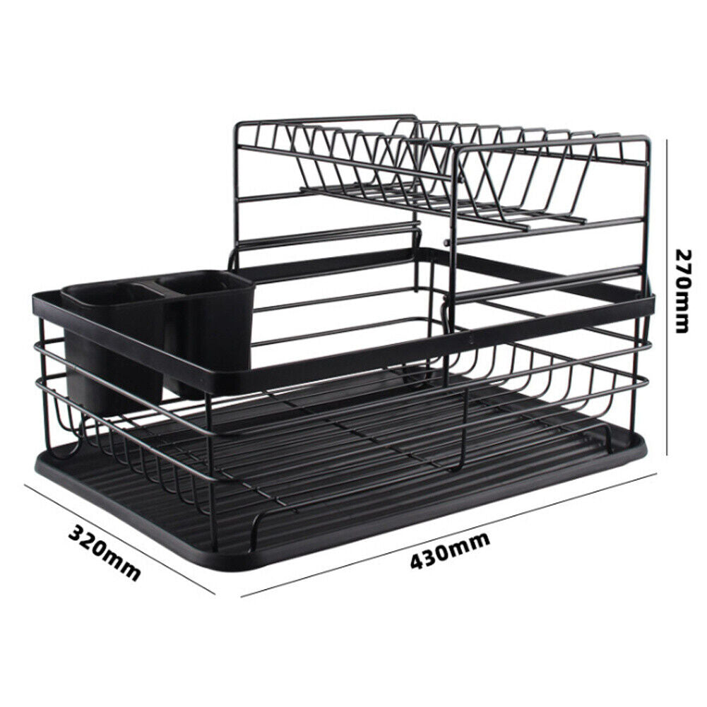 2 Tier Dish Drainer Rack with Drip Tray Cutlery Holder Plate Rack Kitchen Sink