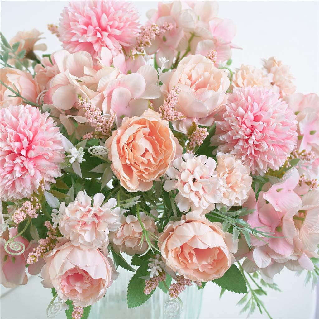 Artificial Flowers, Fake Peony Silk Hydrangea Bouquet Decor Plastic Carnations Realistic Flower Arrangements Wedding Decoration Table Centerpieces(Light Pink)