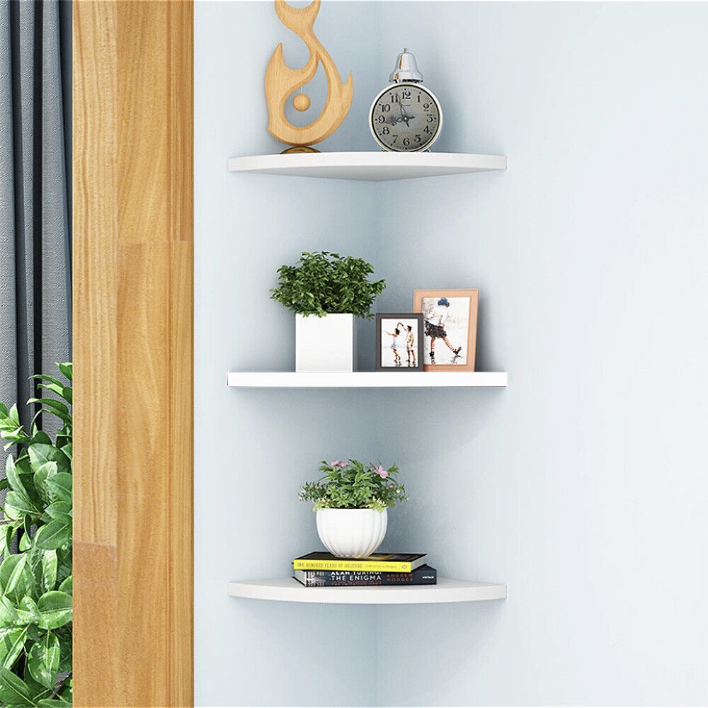 Set of 3 White Floating Wall Corner Shelves Shelf Unit Storage Display Bookcase