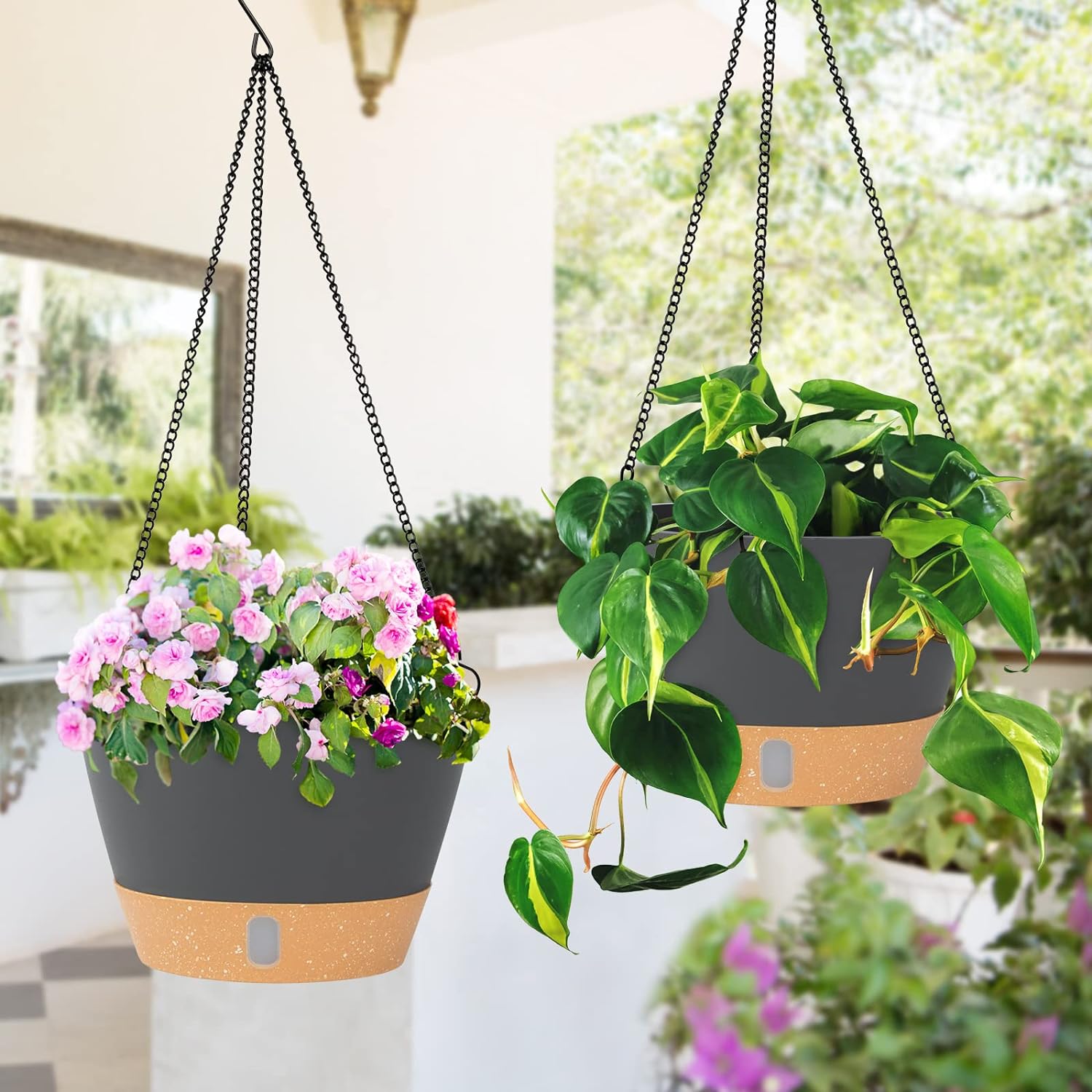 2 Pack Hanging Planters Set, 25.4cm Indoor Outdoor Hanging Plant Pot Basket,Hanging Flower Pot with Drainage Hole with 3 Hooks for Garden Home(Grey)