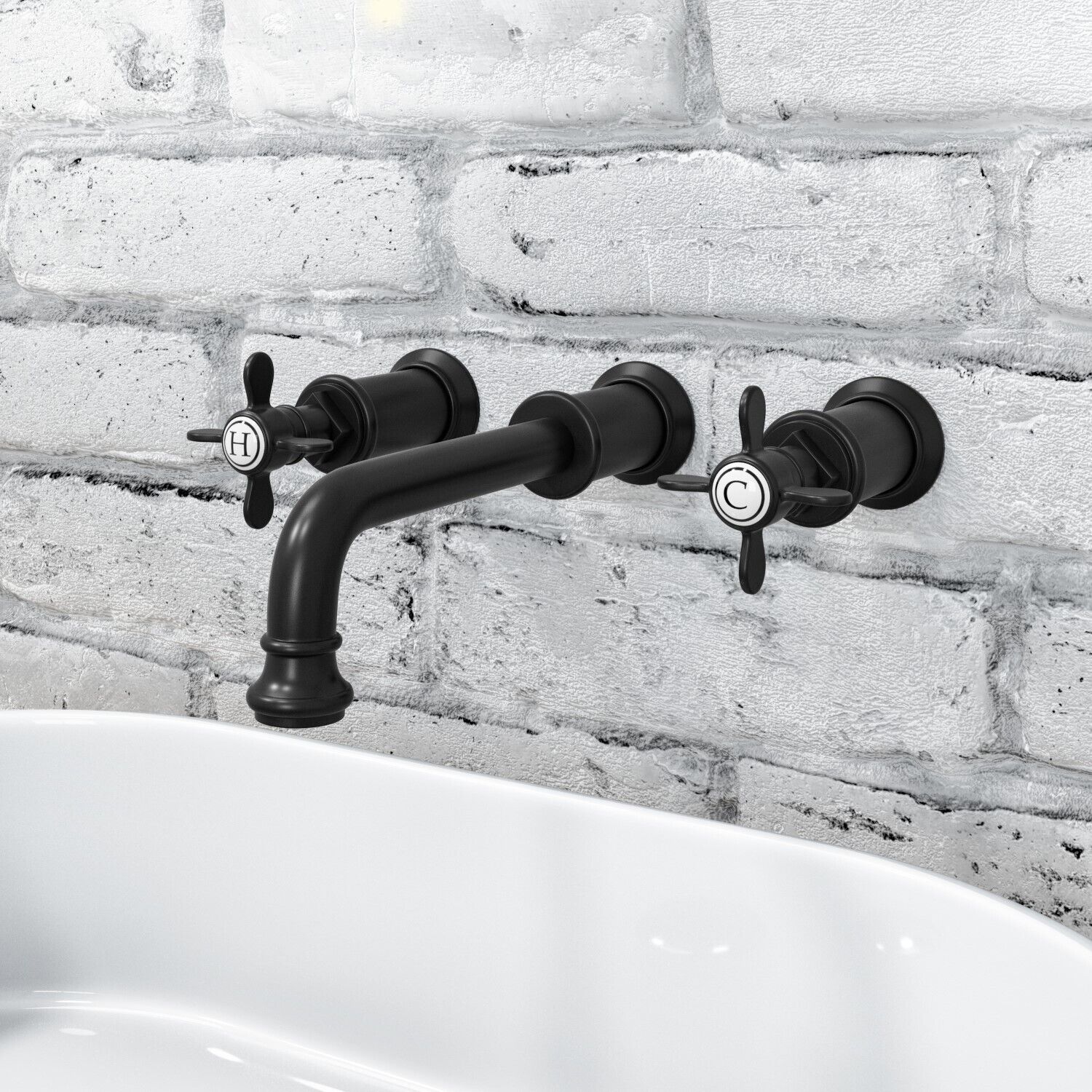 Wall Mounted Black Double Lever Basin Mixer Tap