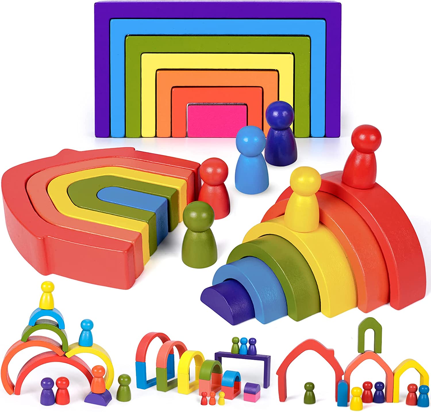 24 PCS Rainbow Wooden Toys Rainbow Stacker Nesting Puzzle Blocks Wooden