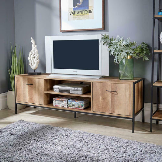 TV Unit Media Stand Storage Cabinet Modern Oak Finish Cupboard and Shelf Storage