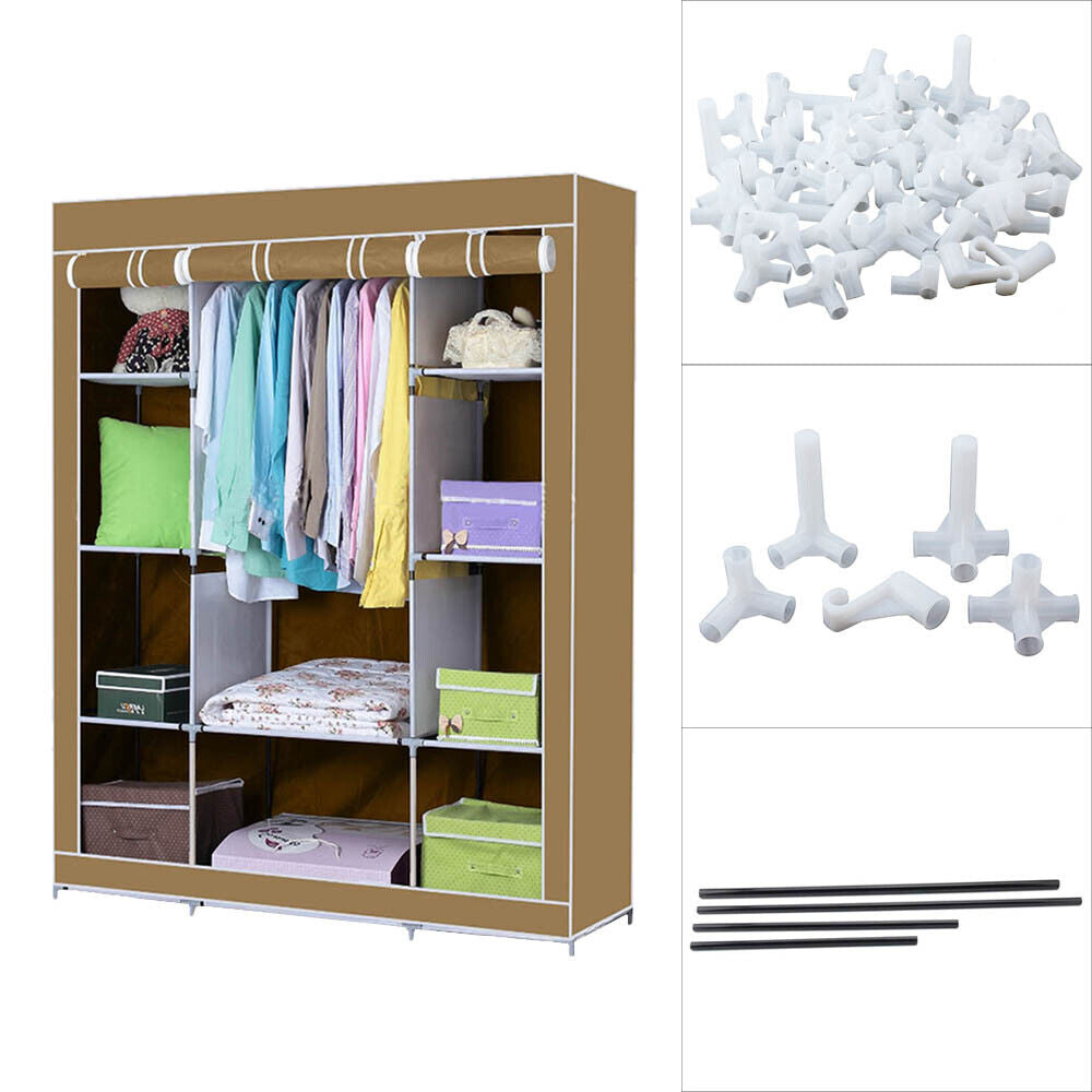 PRACTICAL FABRIC CANVAS WARDROBE HANGING RAIL SHELVING CLOTHES STORAGE CUPBOARD