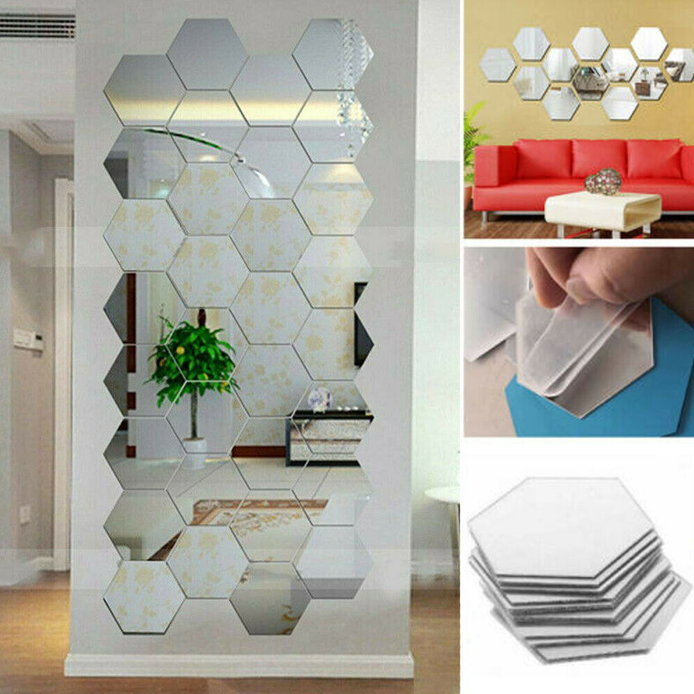 60X 3D Hexagon Mirror Tiles Wall Stickers Self Adhesive