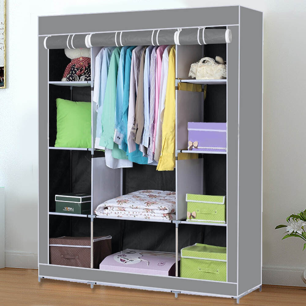 PRACTICAL FABRIC CANVAS WARDROBE HANGING RAIL SHELVING CLOTHES STORAGE CUPBOARD