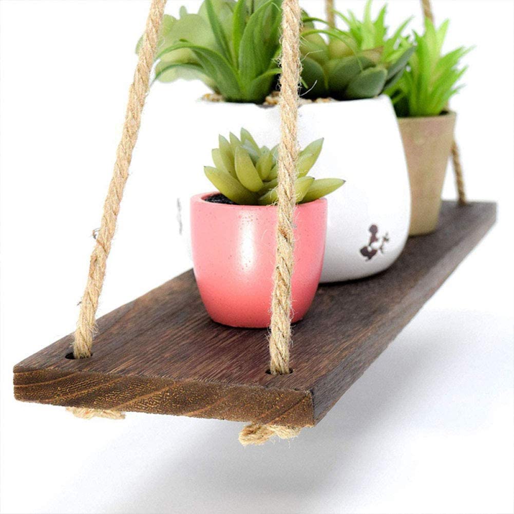 2 Rustic Wooden Floating Shelves with String Rope