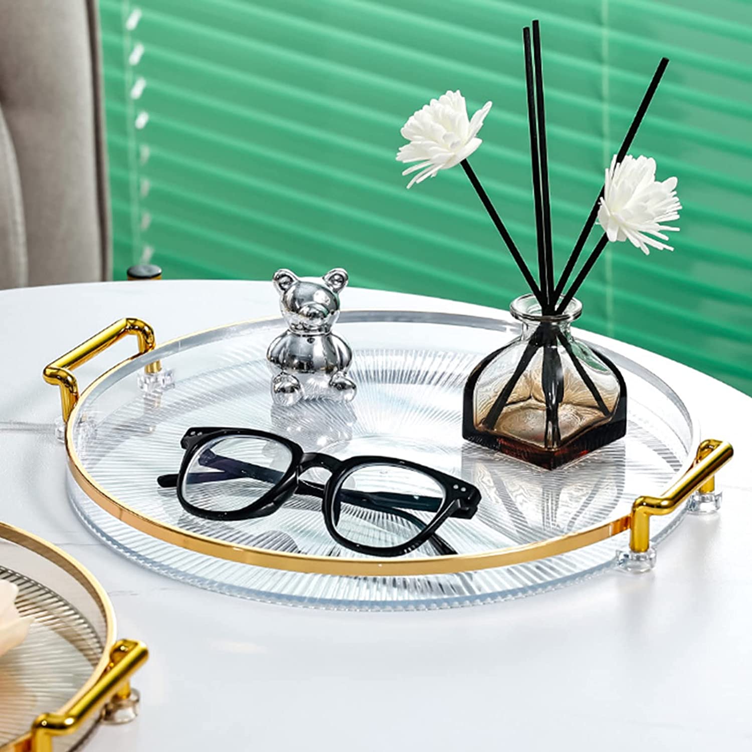 Round Serving Tray with Golden Handles